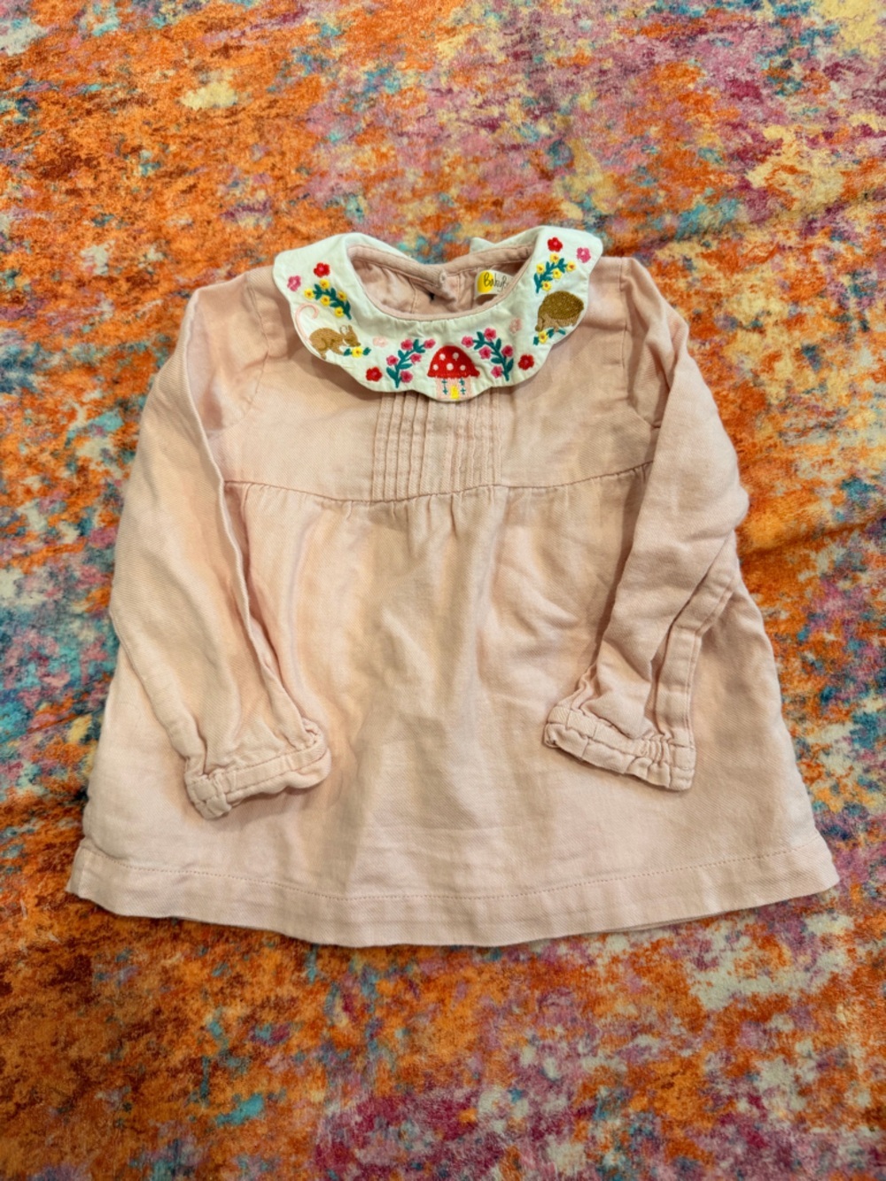 Mini Boden Pink Embroidered Mushroom Collar Dress 9–12M Woodland Baby